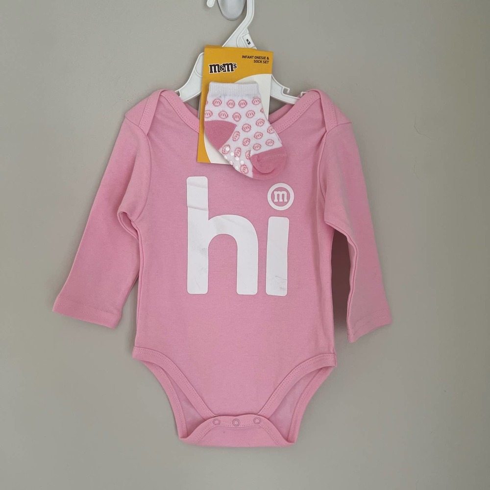 NEW Pink M&M's Long Sleeve Onesie and Sock Set 6 Months